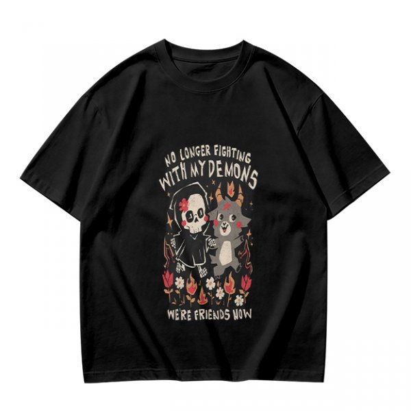 Olive graphic t-shirt with 'No longer fighting with my demons we're friends now' print