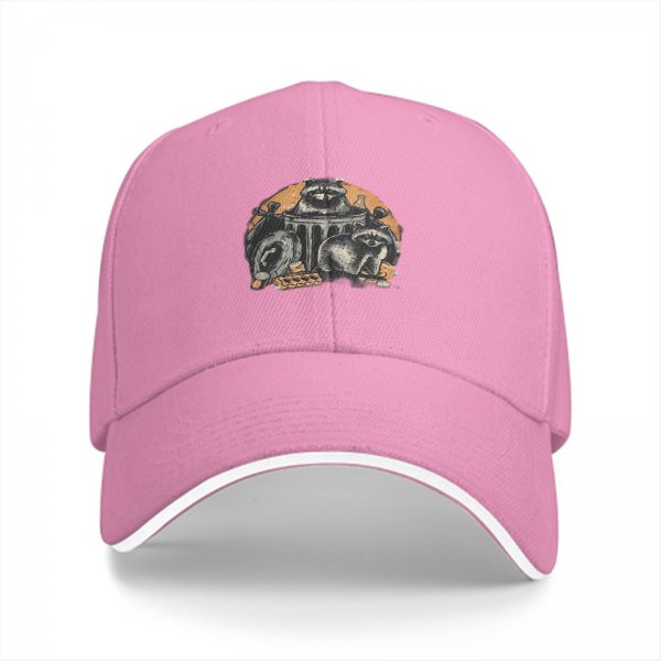 Black baseball cap with raccoons in trash graphic design