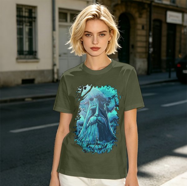 Olive Green T-Shirt With Mystical Ancient Tree Face Print