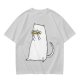 Olive T-Shirt With White Cat Playing Harmonica Graphic
