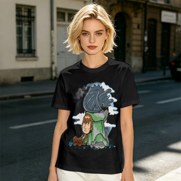 Olive T-Shirt Featuring Hiccup and Toothless from How to Train Your Dragon