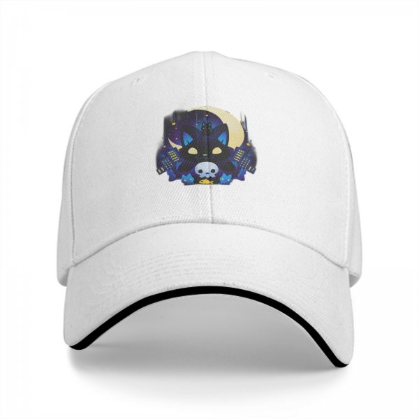Black Baseball Cap With Night City Black Cat Crescent Moon Skull Art