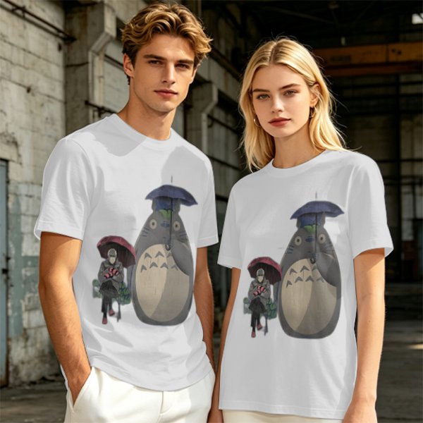 Olive T-shirt with Totoro and masked figure under umbrellas print