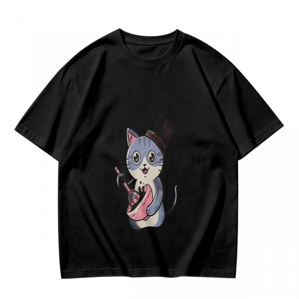 Olive Green T-Shirt With Cute Chef Cat Mixing Batter Print