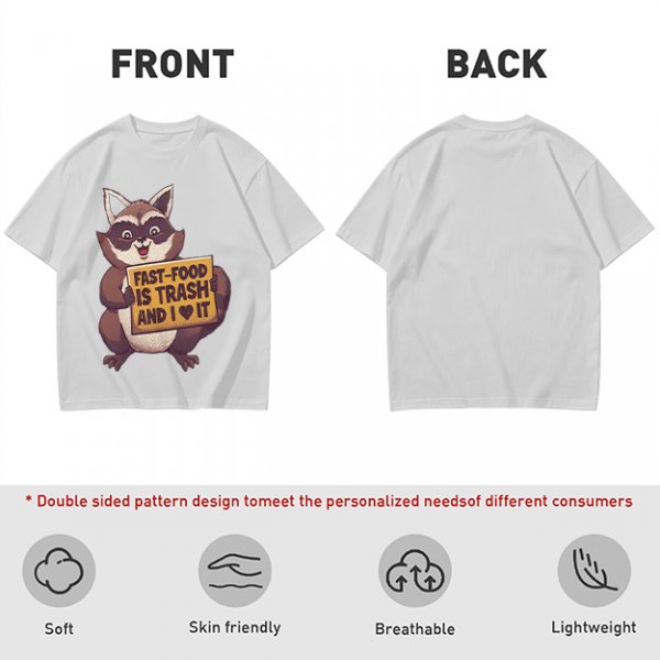 Olive t-shirt with a raccoon holding a fast food trash sign