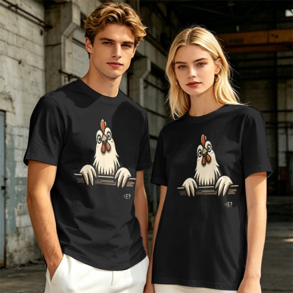 Olive T-Shirt With Surprised Peeking Chicken Graphic And Me? Text