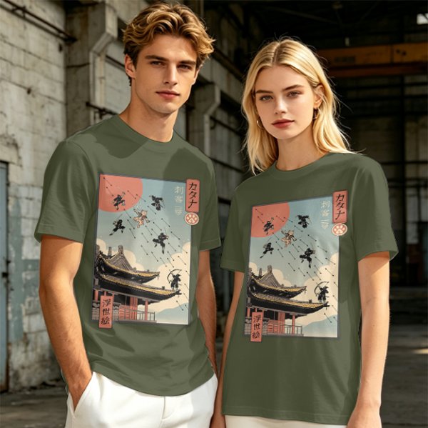 Olive T-Shirt with Ukiyo-e Style Ninja Temple Print