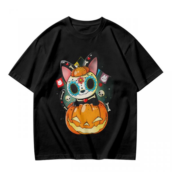 Olive t-shirt with sugar skull cat on jack-o'-lantern