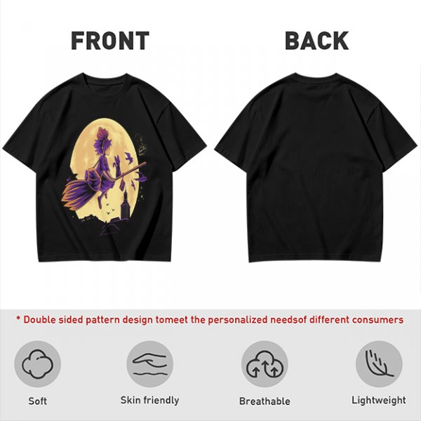 Olive t-shirt with witch flying on broom against full moon