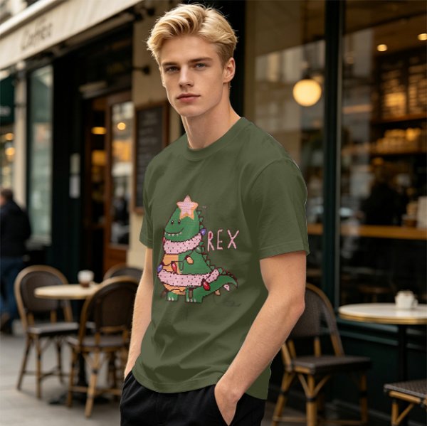 Olive T-shirt with Christmas T-Rex Dinosaur Graphic