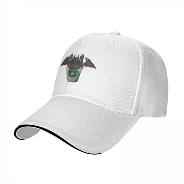 Black Baseball Cap With Toothless Dragon Coffee Cup Print