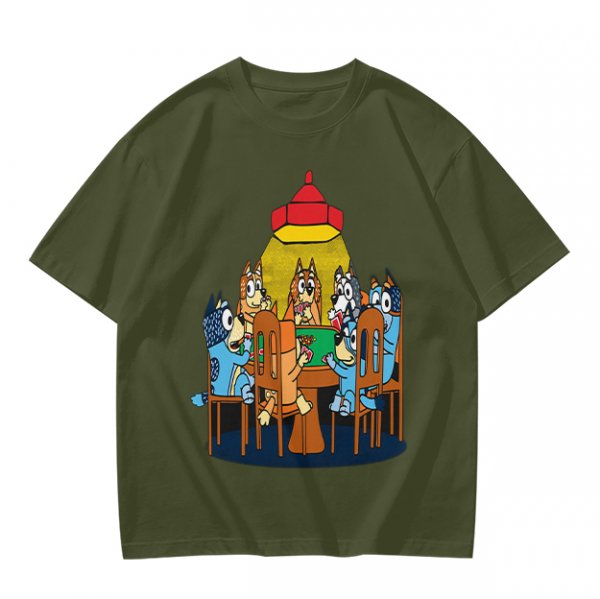 Olive green t-shirt with cartoon dogs playing poker under a hanging lamp