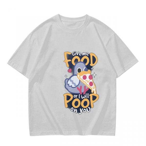 Olive t-shirt with funny pigeon pizza 'Give me food or I will poop' print