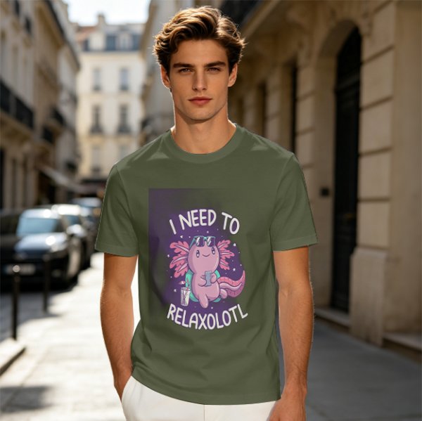 Olive t-shirt with axolotl 'I need to relaxolotl' graphic