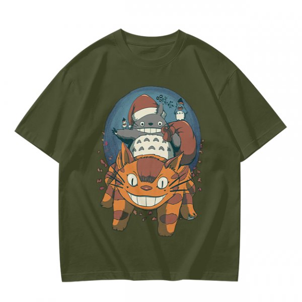 Olive T-shirt with Christmas Totoro Riding Catbus Graphic
