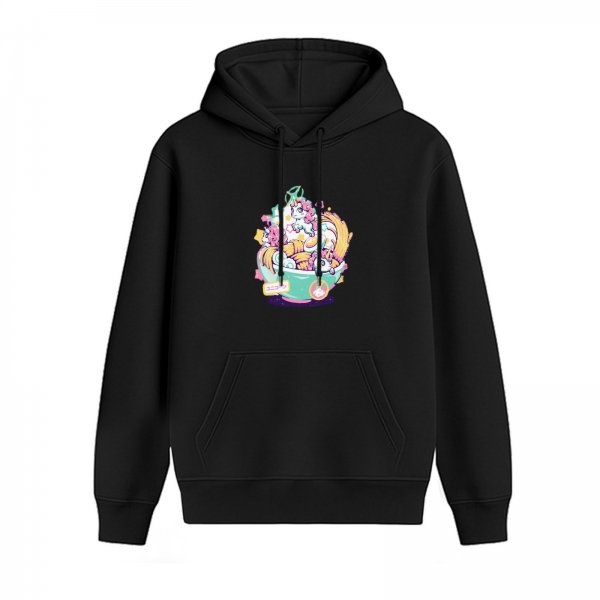 Black Hoodie With Cute Unicorn Ramen Bowl Graphic