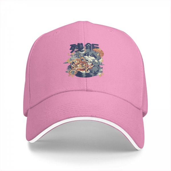 Black Baseball Cap With Ramen Raccoon Graphic Print