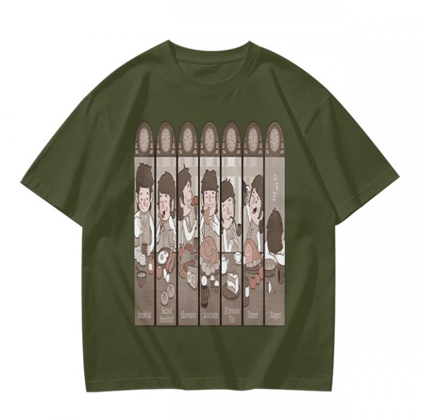 Olive Green T-Shirt with Cartoon Medieval Tavern Scene Print