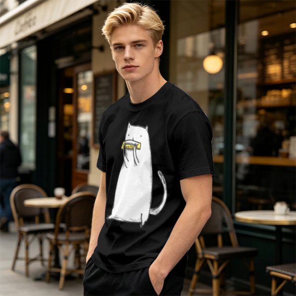 Olive T-Shirt With White Cat Playing Harmonica Graphic