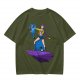 Olive T-shirt with Art Print of Girl Holding Blue Creature on Floating Rock