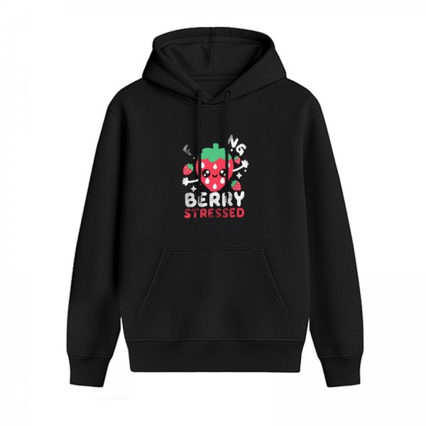 Black hoodie with cute strawberry graphic and 'berry stressed' text