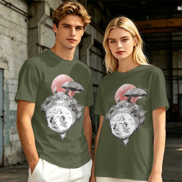 Olive T-shirt with Totoro and Friends Watercolor Print