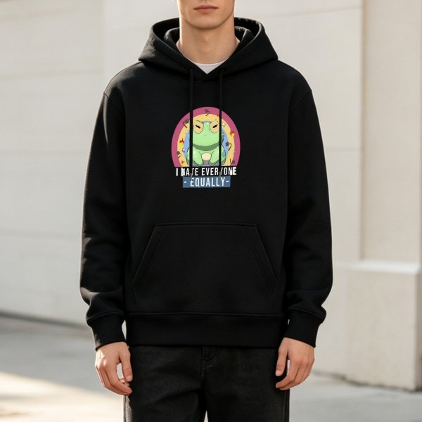 Black hoodie with frog graphic and 'I have everyone equally' text