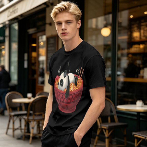 Olive green t-shirt with a panda relaxing in a steaming ramen bowl print