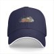 Black baseball cap with whimsical sleeping character and butterfly print