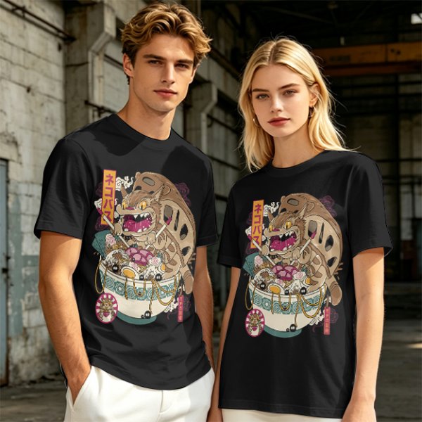 Olive t-shirt with cat bus ramen bowl graphic print
