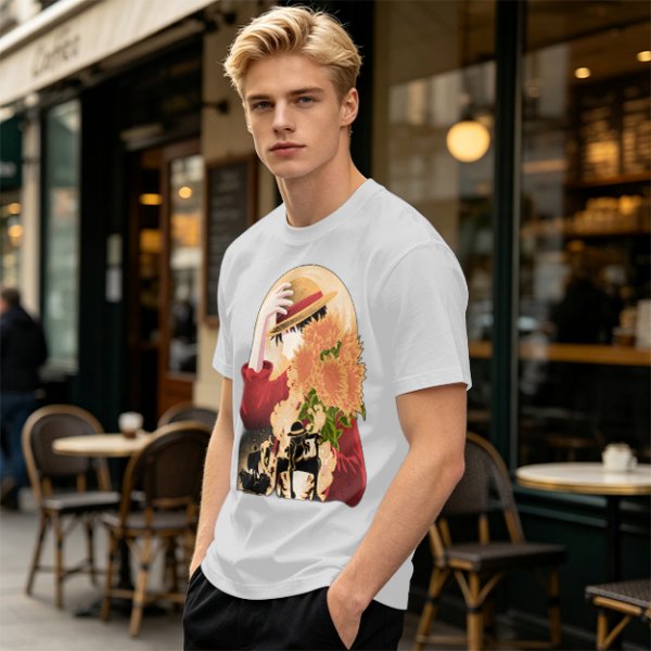 Olive anime graphic t-shirt with straw hat and sunflowers