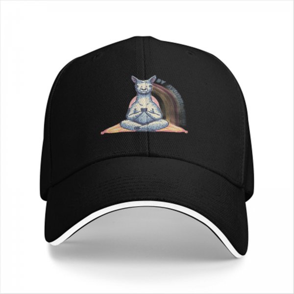 Black Baseball Cap With Meditating Llama Rainbow Print