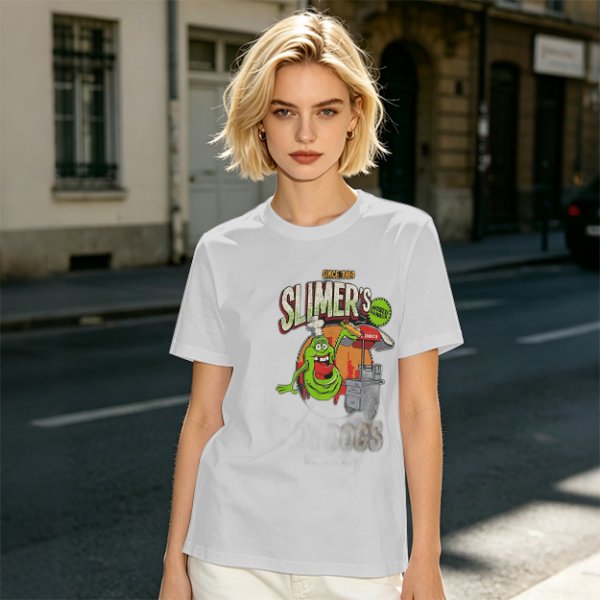 Olive green t-shirt with Slimer's Ghostbusters themed graphic print