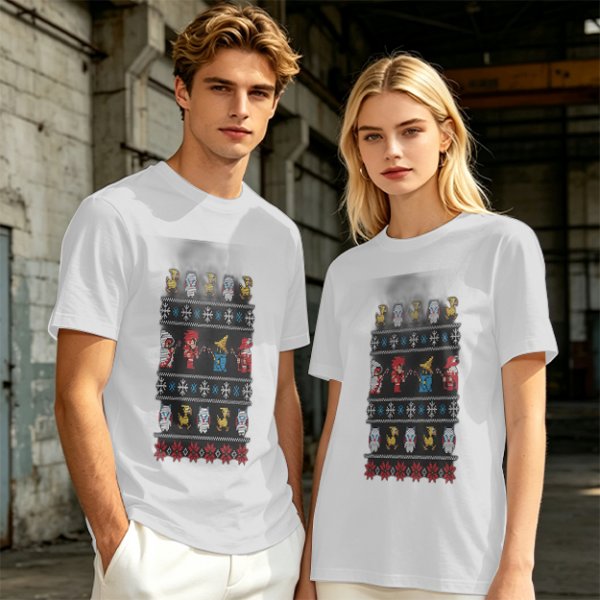Olive T-Shirt With Final Fantasy Christmas Themed Pixel Art Print