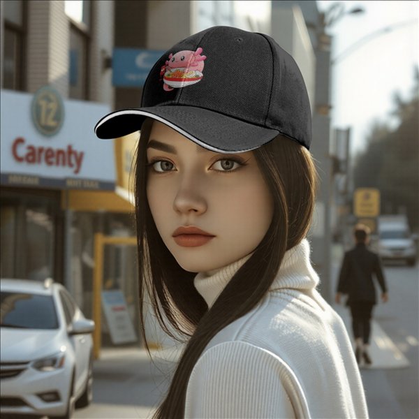 Black baseball cap with cute axolotl eating ramen graphic