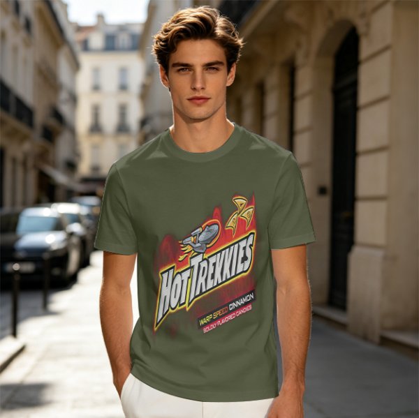 Olive green graphic t-shirt with Hot Trekkies Star Trek themed print