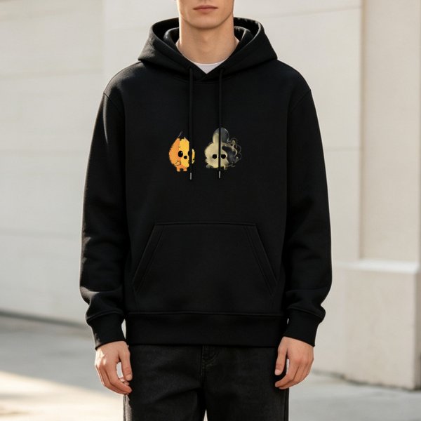 Black hoodie with cute fire and smoke creature graphic