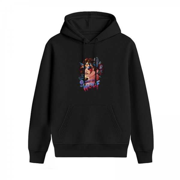 Black Hoodie With Cyberpunk Female Character Graphic Print