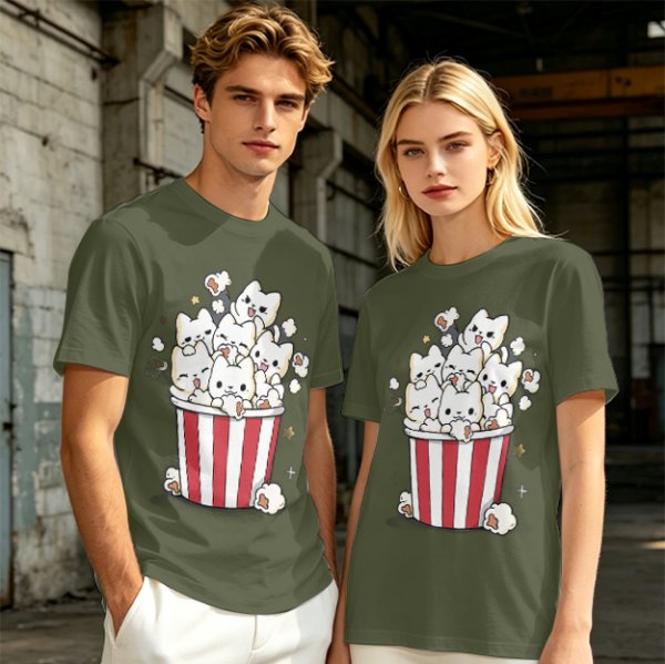 Olive T-Shirt With Cute Kitten Popcorn Bucket Graphic