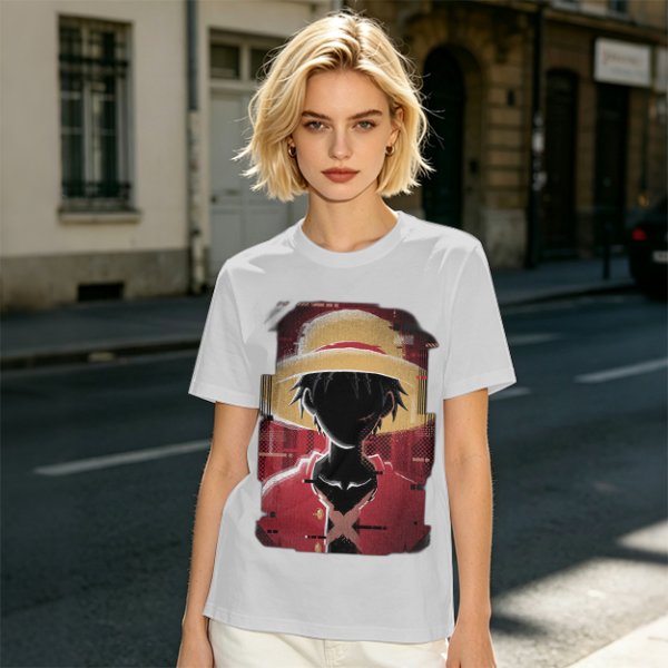 Olive T-shirt with Glitch Art Monkey D Luffy Straw Hat Print