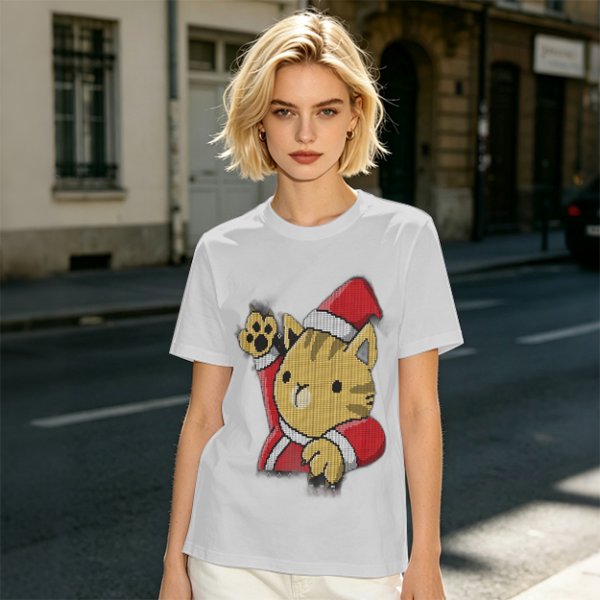 Olive Green T-Shirt With Waving Christmas Cat Graphic