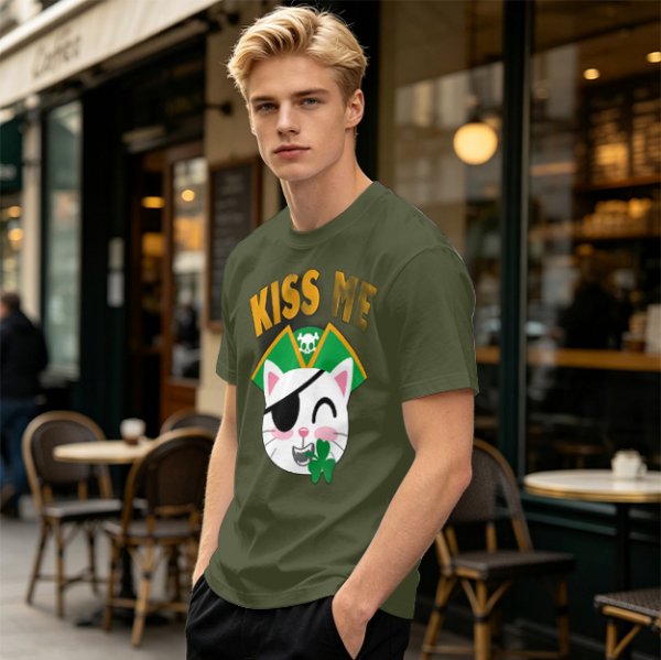 Kiss Me Pirate Cat Shamrock Graphic T-Shirt
