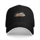 Black baseball cap with whimsical sleeping character and butterfly print