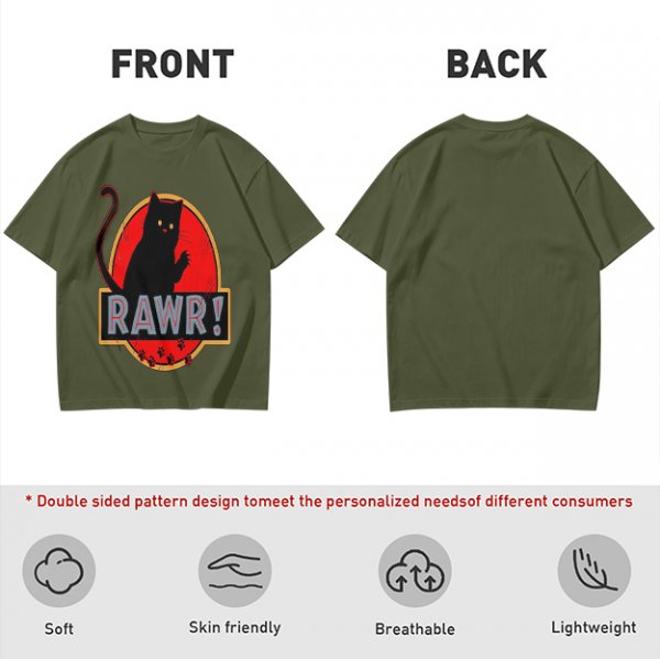 Olive T-Shirt With Black Cat Rawr Dinosaur Parody Graphic