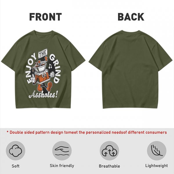 Olive graphic t-shirt with 'Enjoy the grind Assholes' coffee grinder mascot print