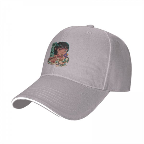 Black baseball cap with anime girl eating ramen graphic