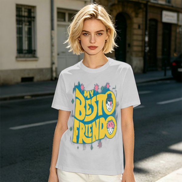 Olive graphic t-shirt with 'MY BESTO FRIENDO' anime character print