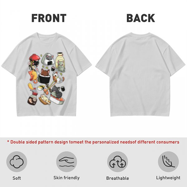 Olive T-Shirt With Cute Sushi Cat Illustrations