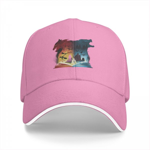Black baseball cap with fantasy dragon and wolf open book graphic