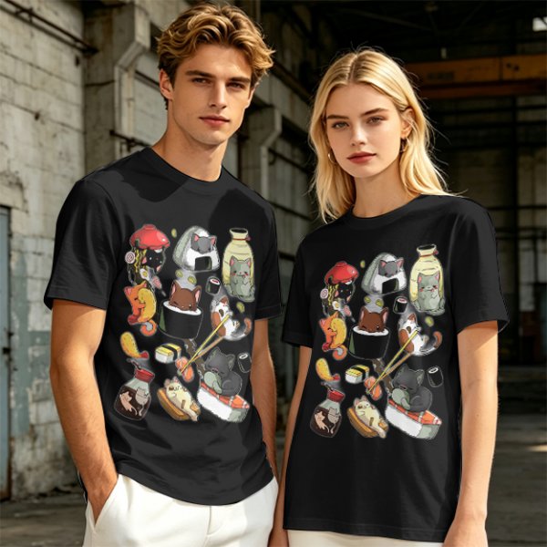 Olive T-Shirt With Cute Sushi Cat Illustrations